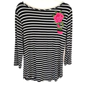 Olivia Blu Striped Shirt With‎ Embroidered Flower Women's L Floral Spring Top